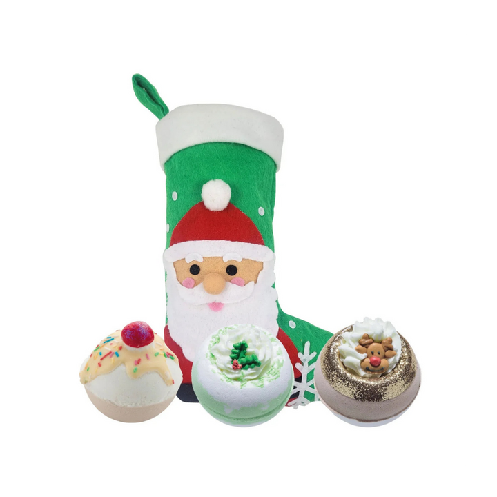 Chaussette de Noël garnie de trois bombes de bain, idée de cadeau de Noël pour enfant