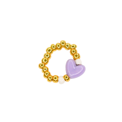 Bague pour enfants avec des perles dorées et un coeur mauve de la marque Feestbeest