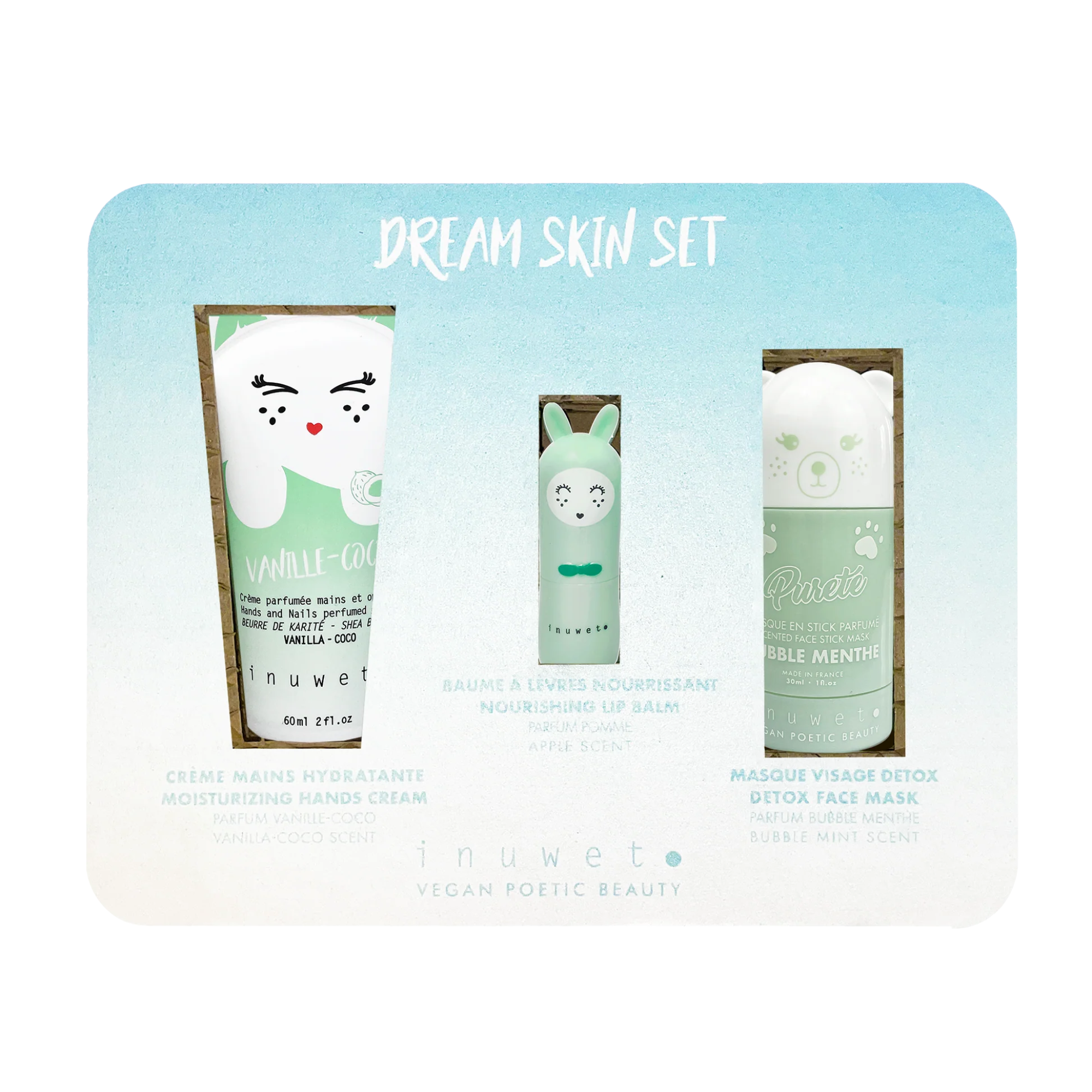 Coffret de soin pour enfant de la marque inuwet compose d'une crème pour les mains, d'un baume à lèvres et d'un masque pour le vosage en stick