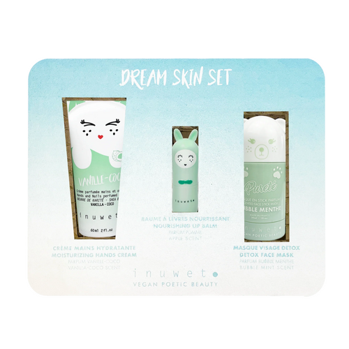 Coffret de soin pour enfant de la marque inuwet compose d'une crème pour les mains, d'un baume à lèvres et d'un masque pour le vosage en stick