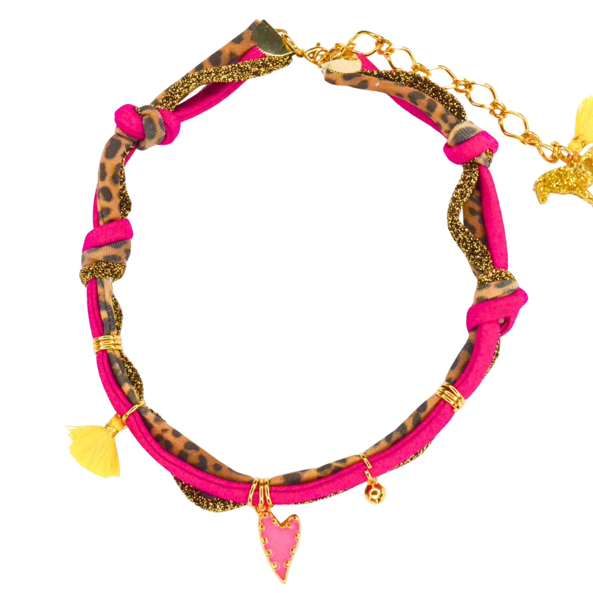 Collier de la marque Feestbeest pour petite fille couleur léopard et rose avec des charls colorés 