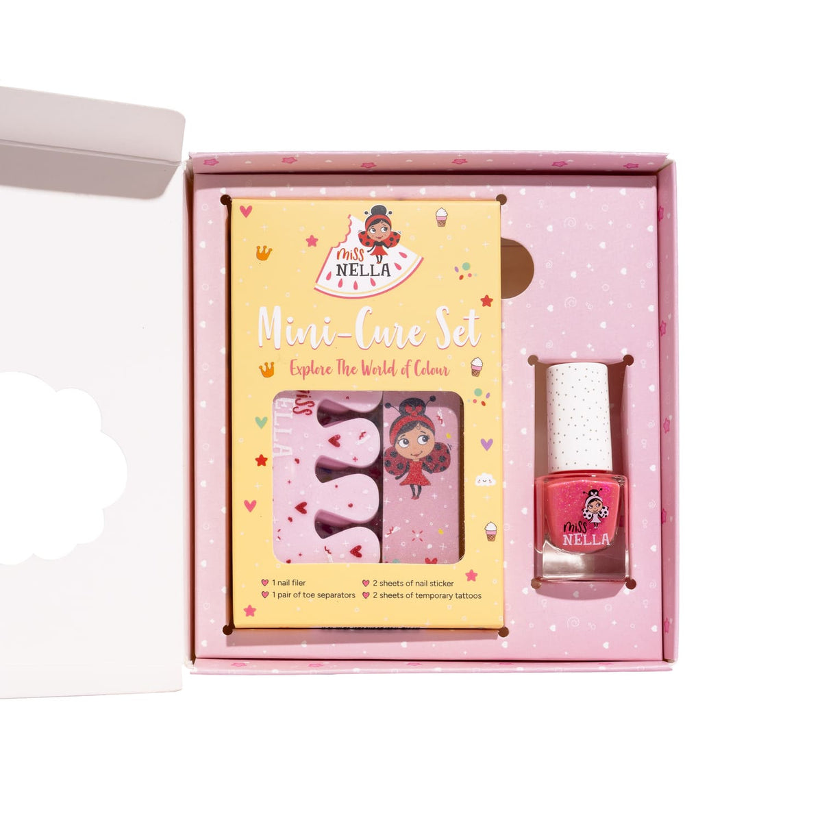 Intérieur du coffret : vernis rose pailleté et mini set manucure