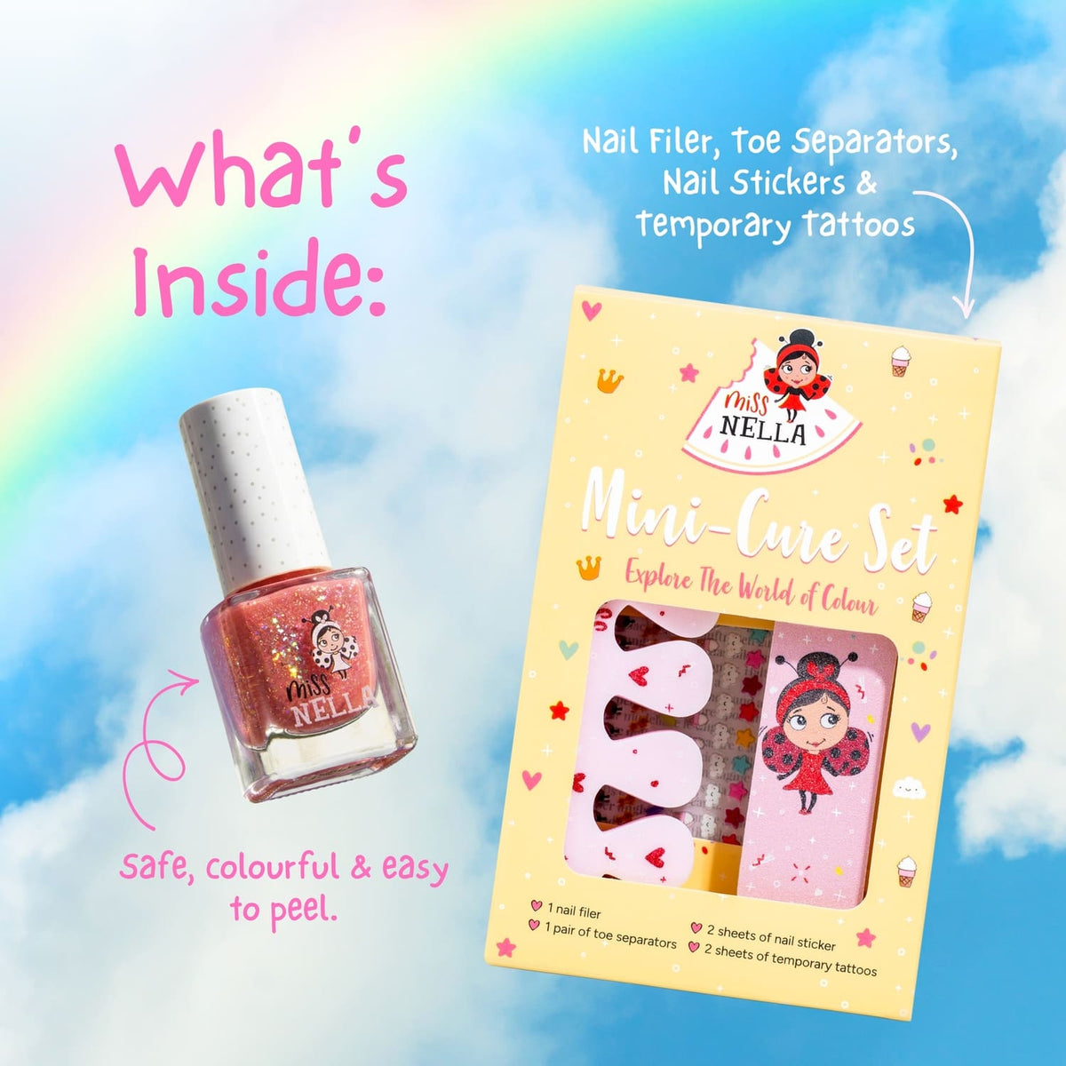 Contenu du coffret : vernis, lime, séparateurs, stickers et tatouages