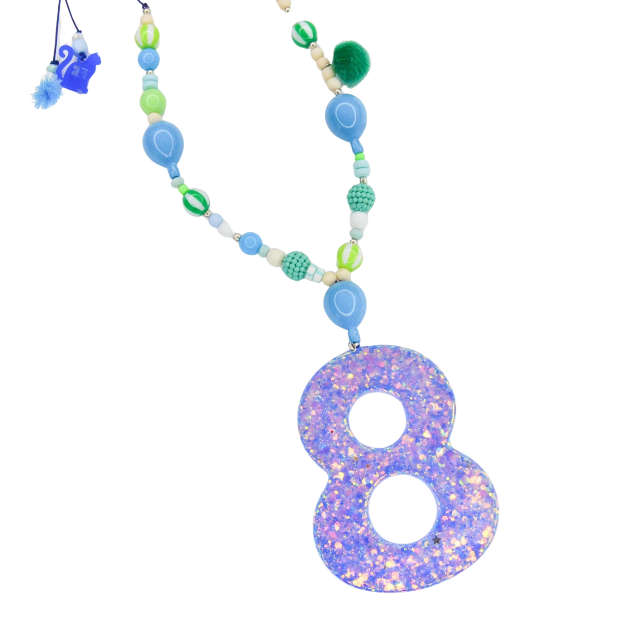 Zoom sur le collier Feestbeest pour enfant pour ajouter des breloques. Il est de couleur bleu et vert