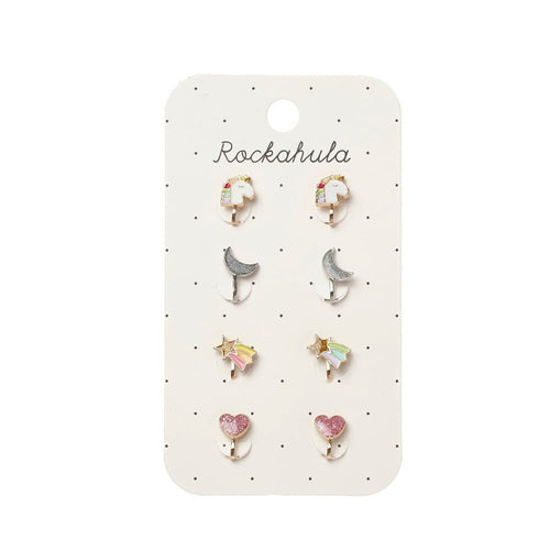 4 paires de boucles d'oreilles à clip Rockahula sur leur carte : licornes, lunes, étoiles filantes et cœurs