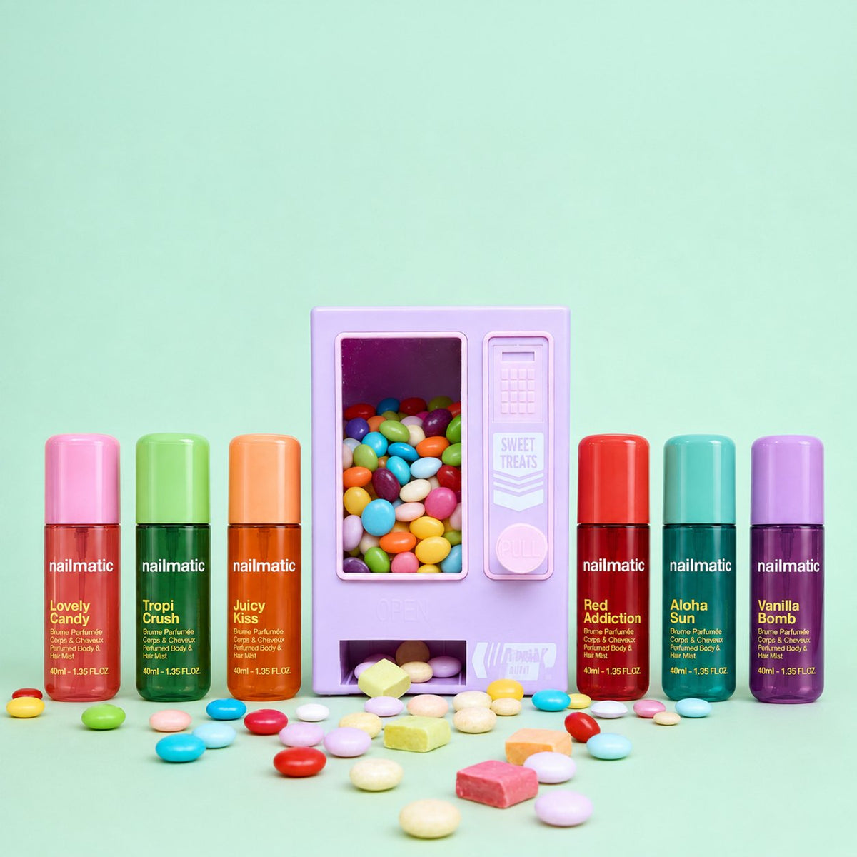 Les 6 brumes parfumées Nailmatic : Lovely Candy, Tropi Crush, Juicy Kiss, Red Addiction, Aloha Sun et Vanilla Bomb