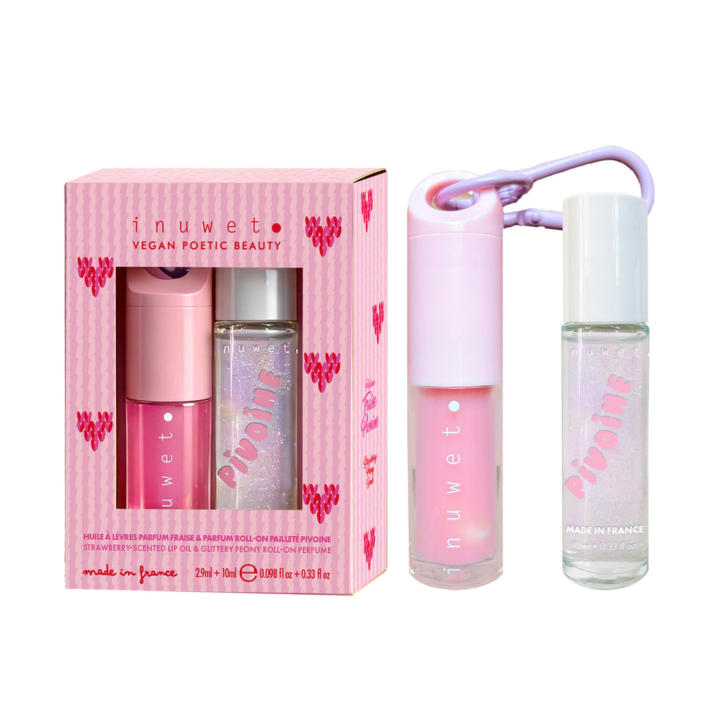 Coffret Santamania Inuwet avec huile à lèvres fraise et parfum roll-on pivoine