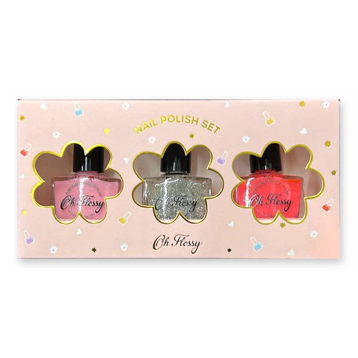 Coffret de 3 vernis à ongles pour enfant Disco Oh Flossy : rose poudré Blush Pink, argenté pailleté et corail