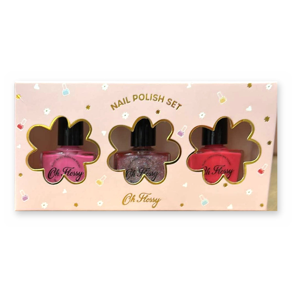 Coffret de 3 vernis à ongles pour enfant Pink Pamper Oh Flossy : rose vif, rose pailleté et rose corail