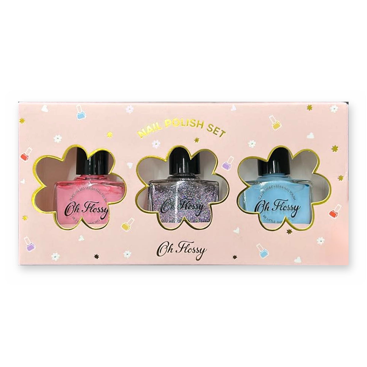 Coffret de 3 vernis à ongles pour enfant Storytime Oh Flossy : rose pastel, violet pailleté et bleu pastel