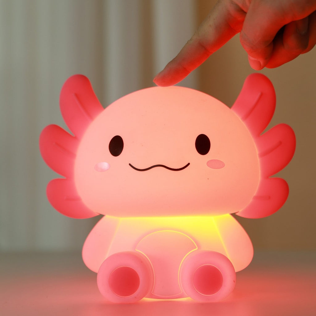 Veilleuse axolotl allumée d'une pression sur le dessus