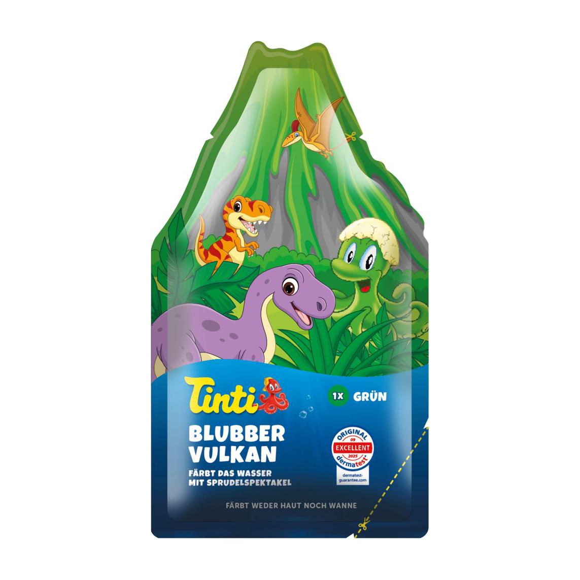 Volcan de bulles vert Tinti, sachet illustré de dinosaures